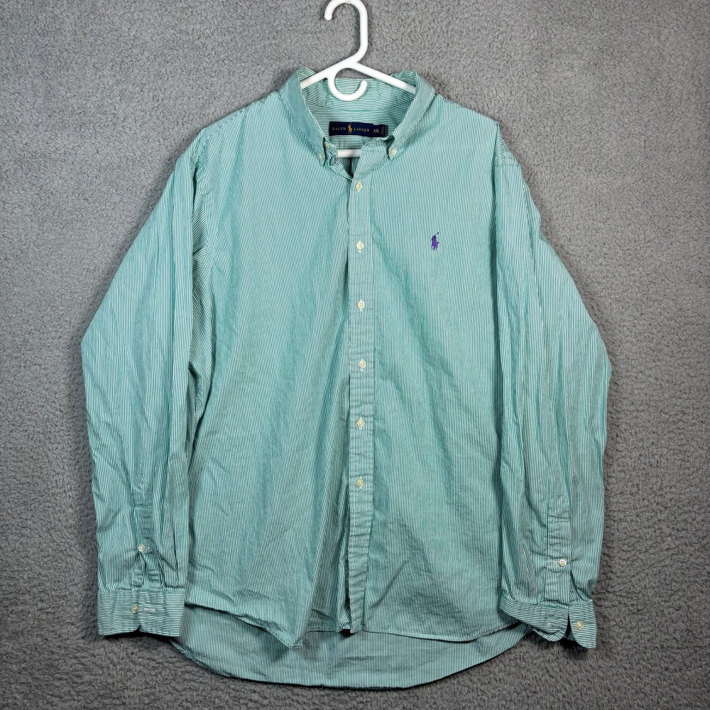 Ralph Lauren Shirt Mens XXL Green Striped Button Down Long Sleeve Cotton Pony